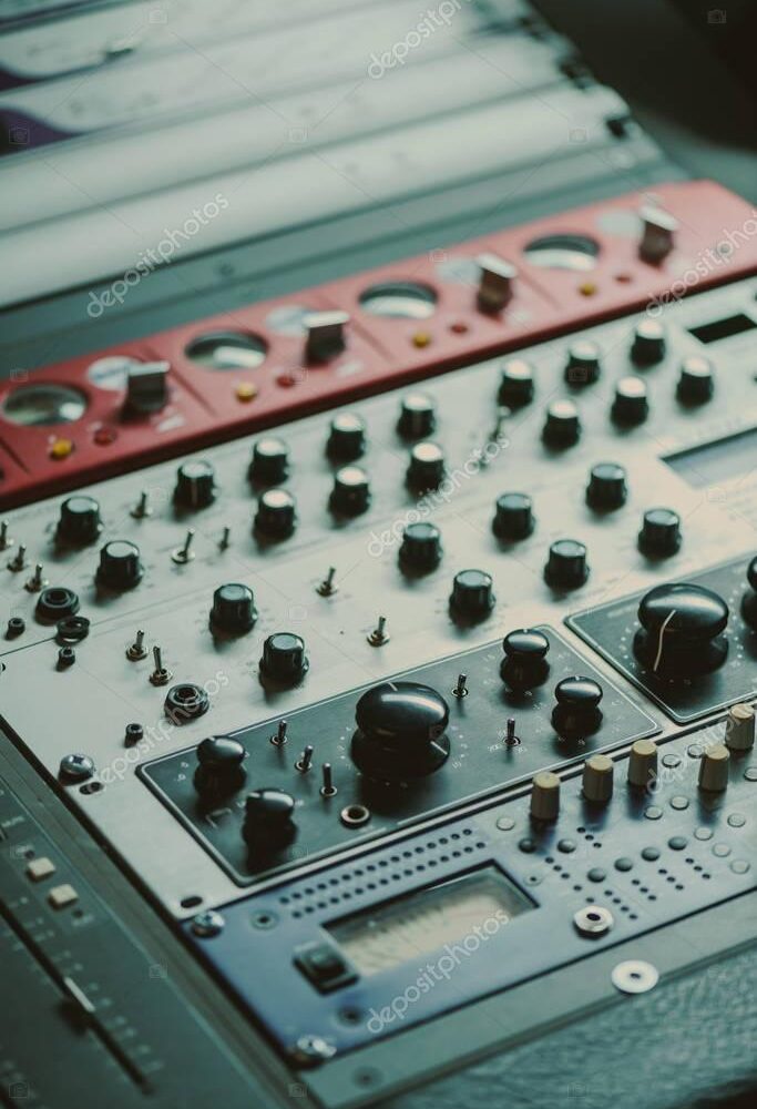 close-up shot of graphic equalizer with various knobs at recording studio